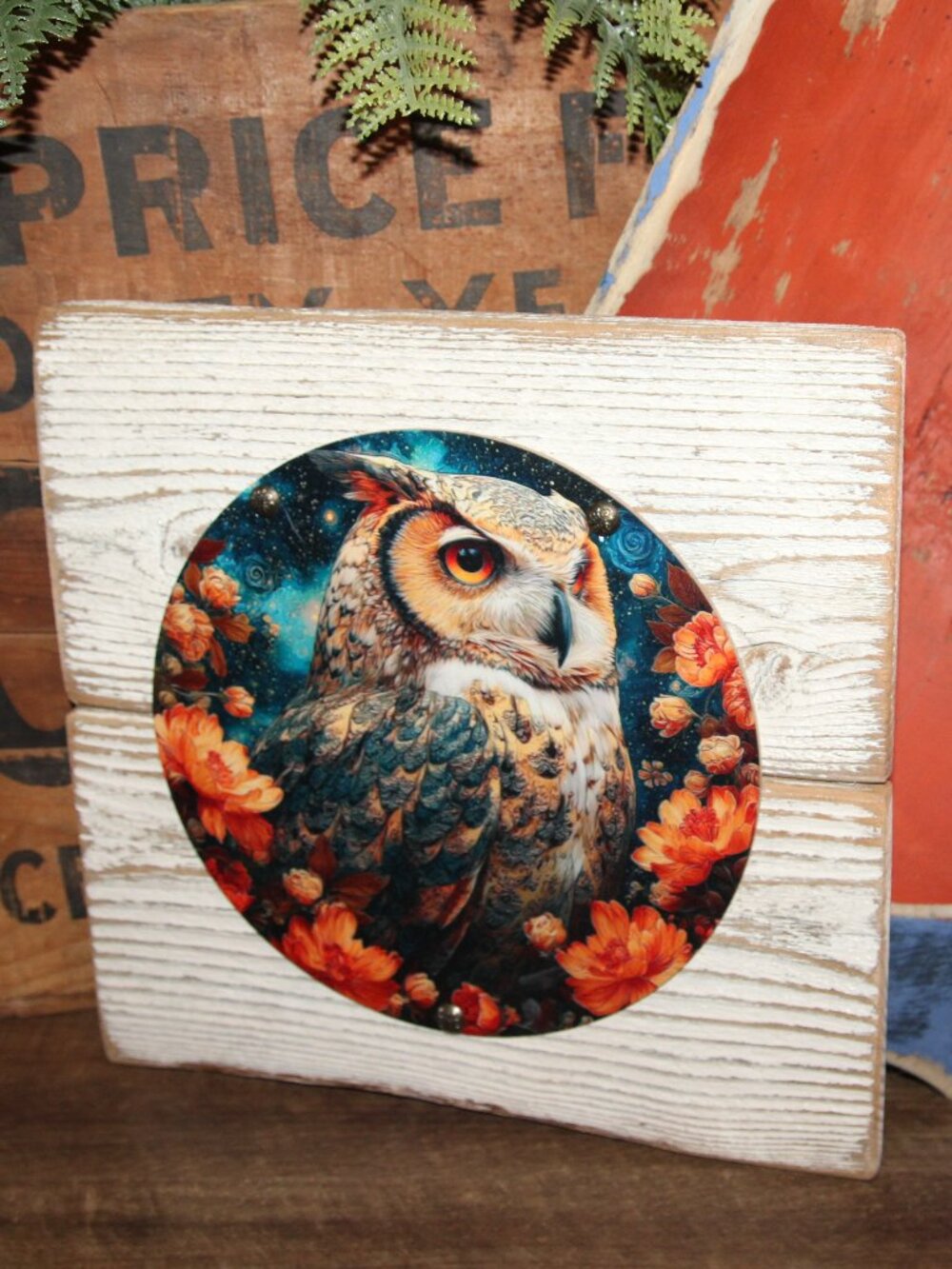 NEW Bright Colorful Eclectic BOHO Farmhouse Owl & Fall Floral Wall Decor Plaque
